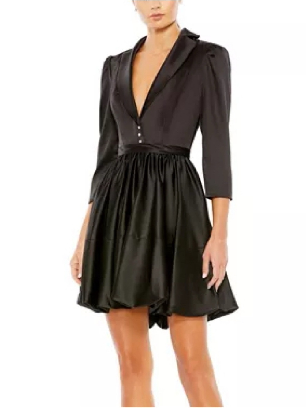 NWOT Mac Duggal Ieena Black Satin Lapel V-neck Blazer A-Line Mini Dress Size 0